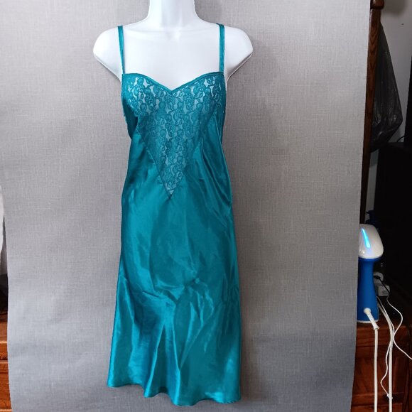 VTG Intimate Pleasures Nightgown Slip Teal Satin Lace Plus Size 26/28 Sissy 90s - Picture 1 of 4